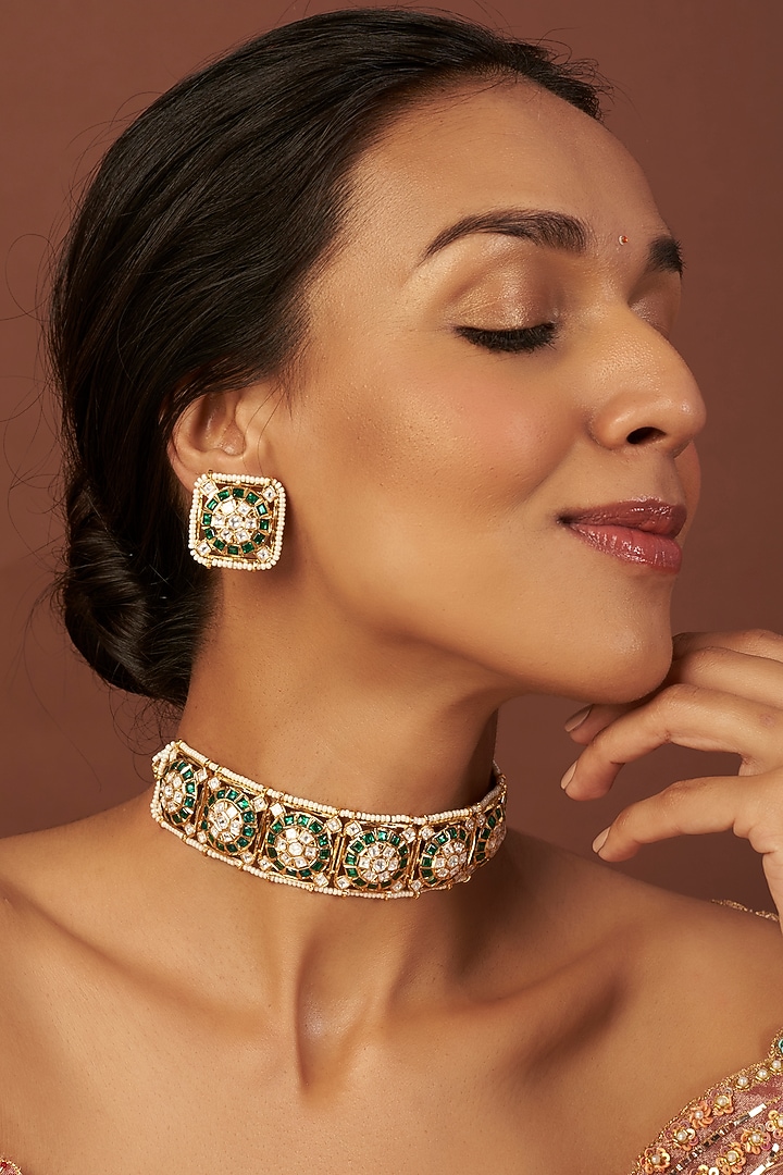 Gold Finish Green Stone & Kundan Polki Choker Necklace Set by VASTRAA Jewellery at Pernia's Pop Up Shop