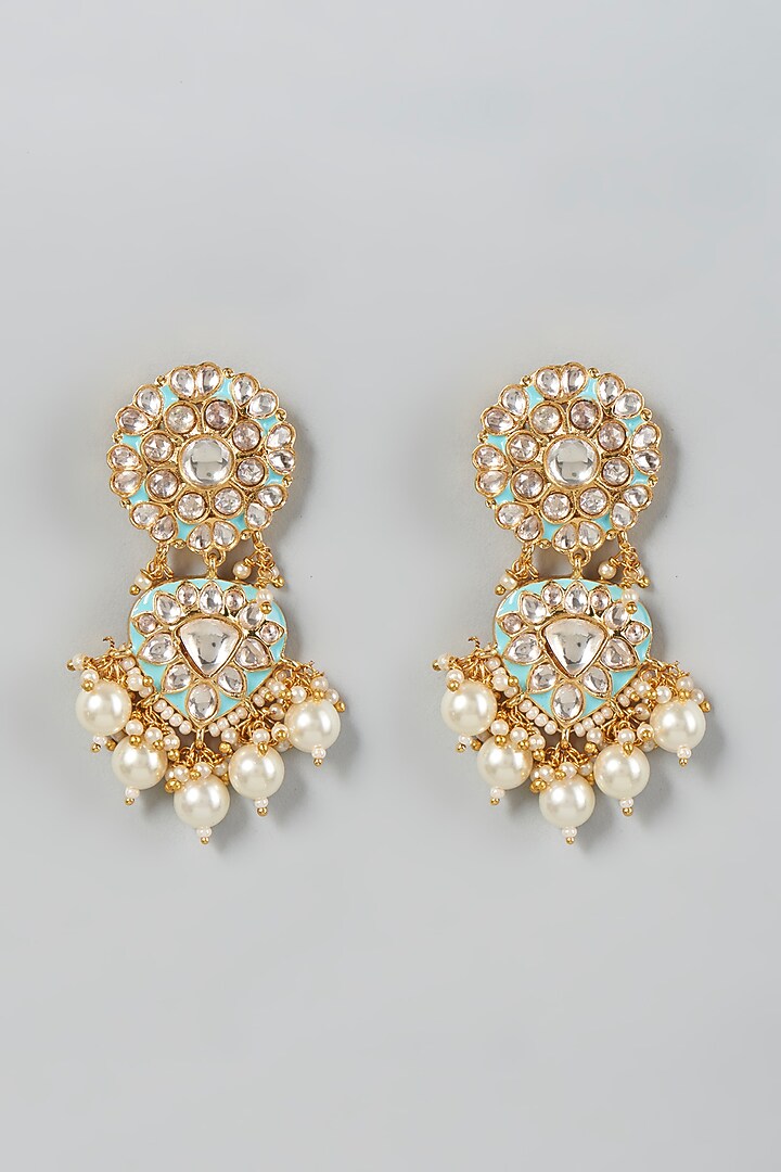 Gold Finish White Pearl & Kundan Polki Dangler Earrings by VASTRAA Jewellery at Pernia's Pop Up Shop