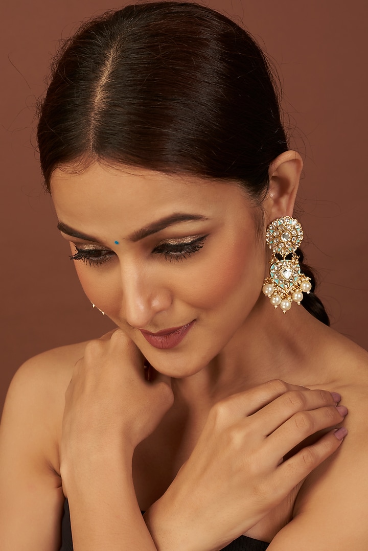 Gold Finish White Pearl & Kundan Polki Dangler Earrings by VASTRAA Jewellery at Pernia's Pop Up Shop