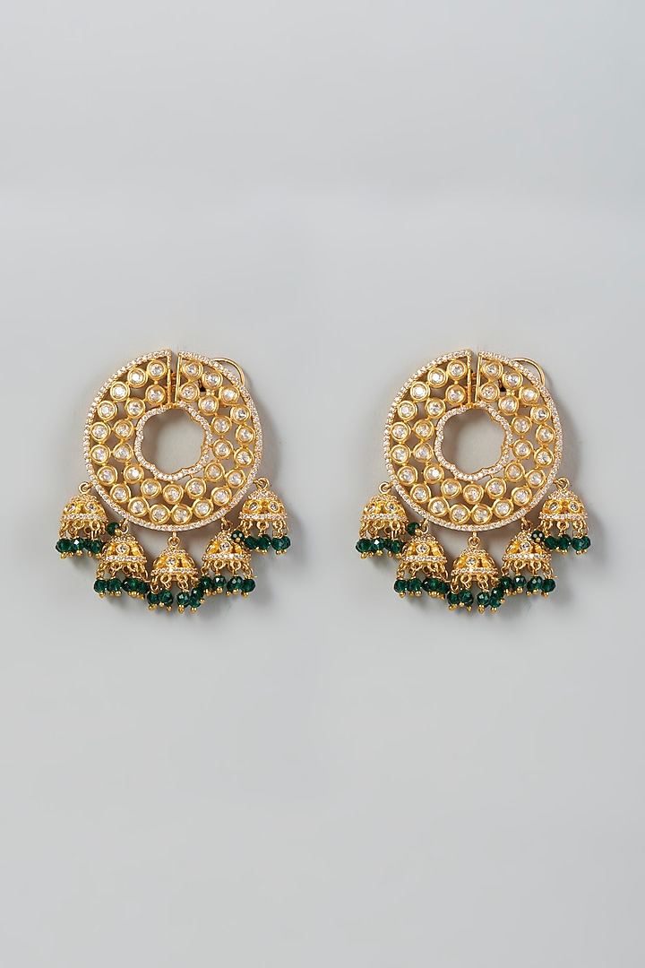 Gold Finish Kundan Polki & Green Beaded Earrings by VASTRAA Jewellery at Pernia's Pop Up Shop