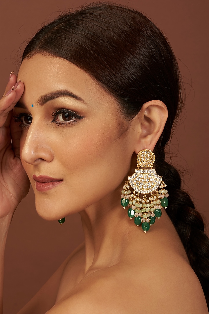 Gold Finish Kundan Polki & Green Drop Beaded Earrings by VASTRAA Jewellery at Pernia's Pop Up Shop