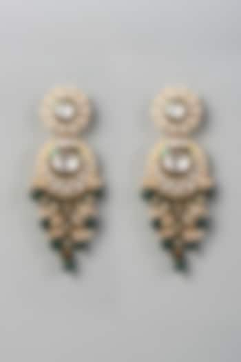 Gold Finish Kundan Polki & Green Drop Beaded Dangler Earrings by VASTRAA Jewellery at Pernia's Pop Up Shop