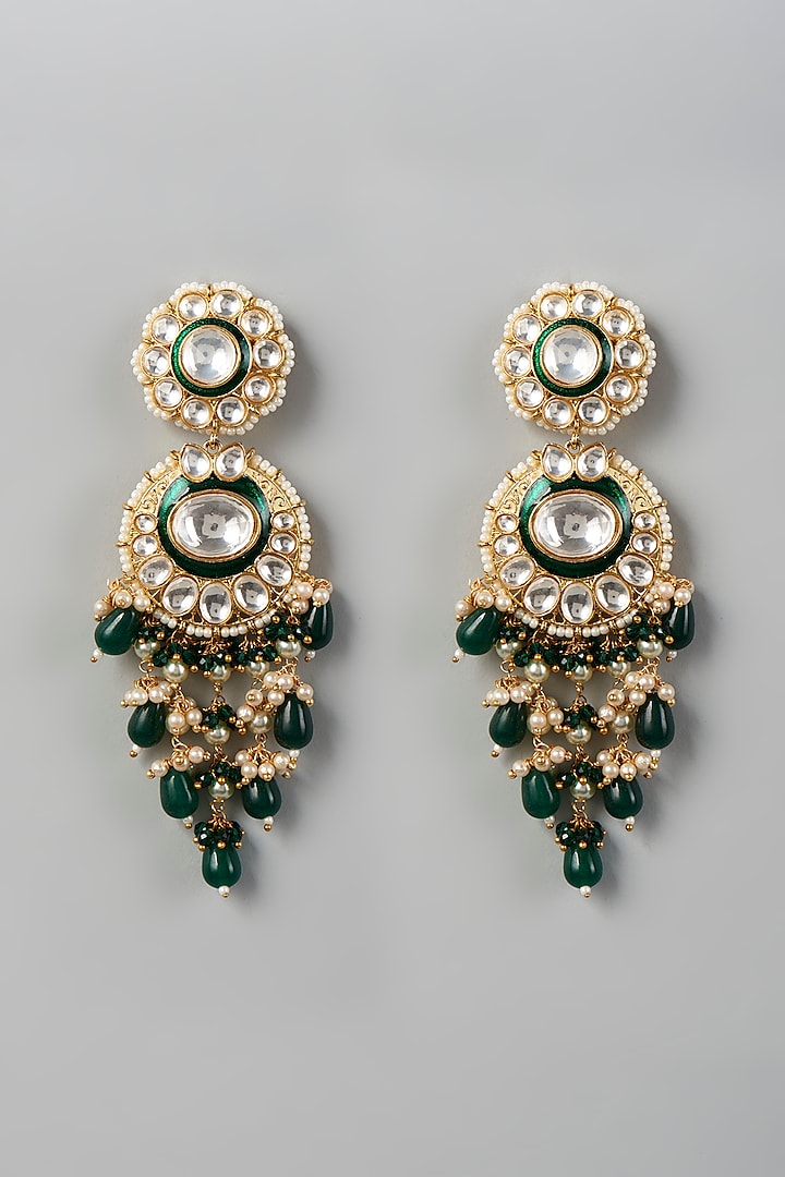 Gold Finish Kundan Polki & Green Drop Beaded Dangler Earrings by VASTRAA Jewellery at Pernia's Pop Up Shop
