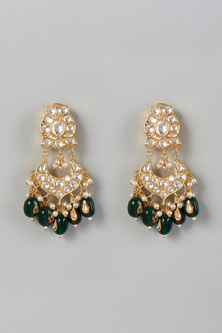 Gold Finish Kundan Polki & Green Drop Beaded Dangler Earrings by VASTRAA Jewellery at Pernia's Pop Up Shop