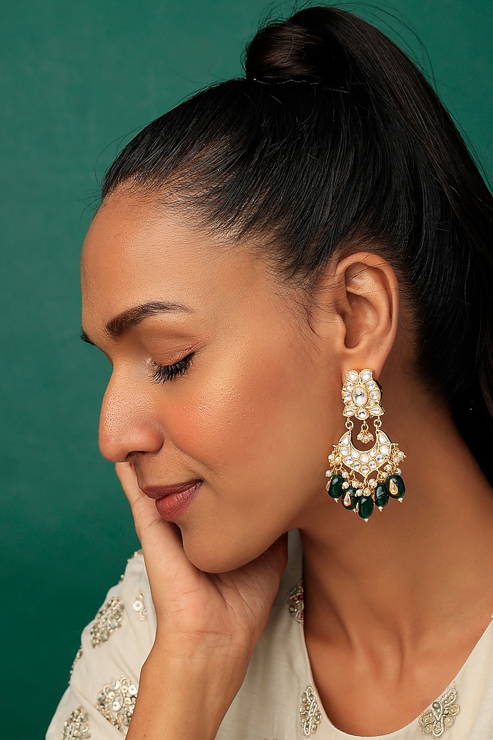 Gold Finish Kundan Polki & Green Drop Beaded Dangler Earrings by VASTRAA Jewellery at Pernia's Pop Up Shop