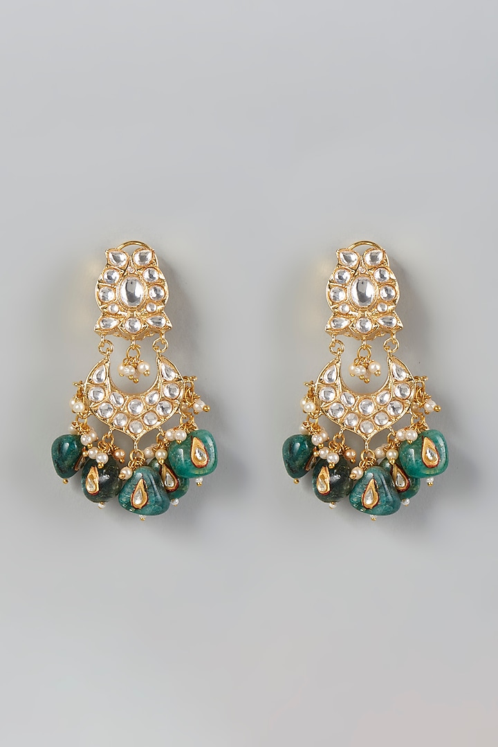 Gold Finish Kundan Polki & Green Drop Beaded Dangler Earrings by VASTRAA Jewellery at Pernia's Pop Up Shop
