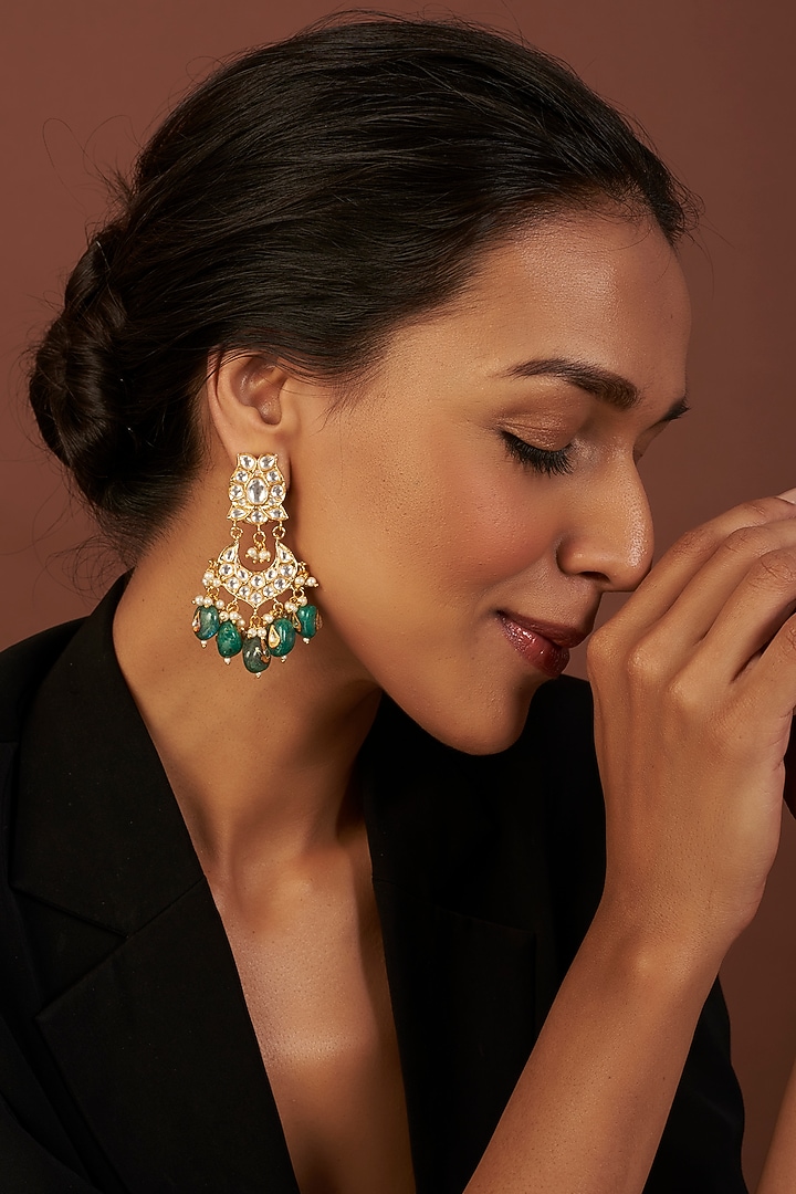 Gold Finish Kundan Polki & Green Drop Beaded Dangler Earrings by VASTRAA Jewellery at Pernia's Pop Up Shop