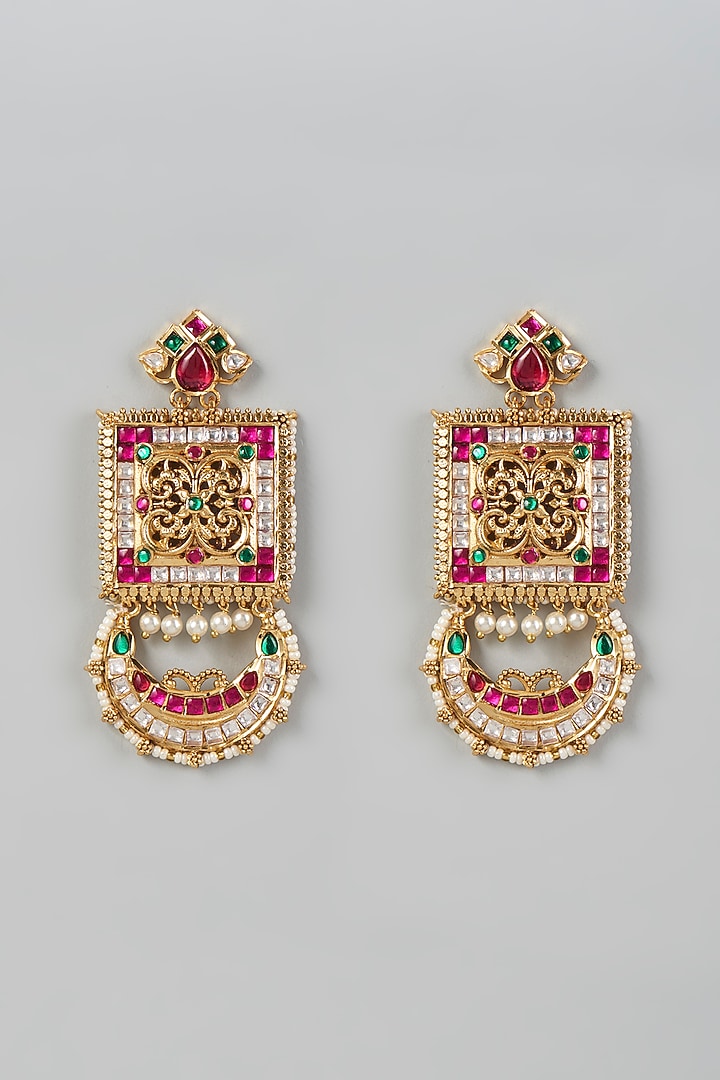 Gold Finish Kundan Polki & Multi-Colored Stone Dangler Earrings by VASTRAA Jewellery at Pernia's Pop Up Shop