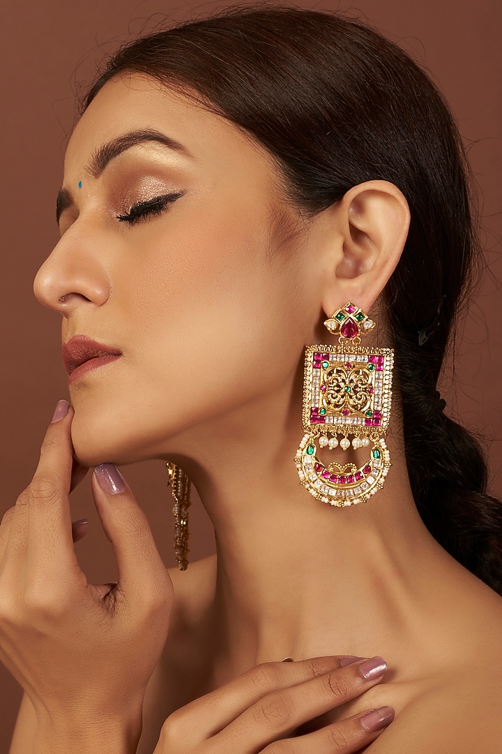 Gold Finish Kundan Polki & Multi-Colored Stone Dangler Earrings by VASTRAA Jewellery at Pernia's Pop Up Shop