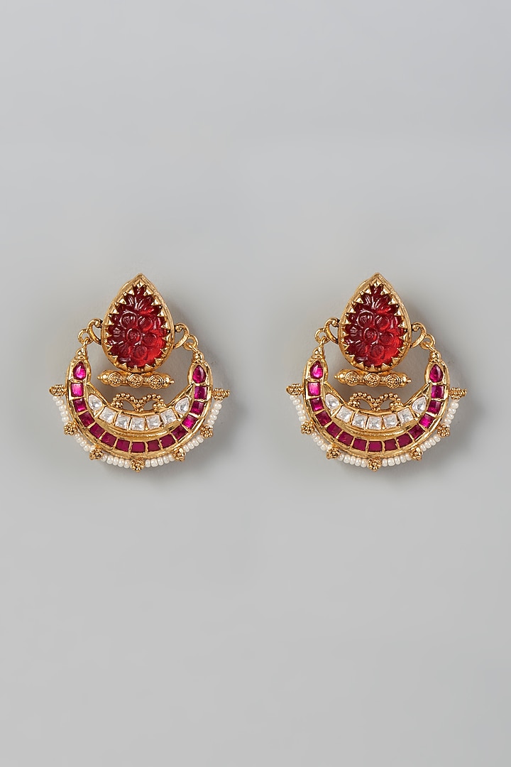 Gold Finish Kundan Polki & Synthetic Ruby Stone Dangler Earrings by VASTRAA Jewellery at Pernia's Pop Up Shop