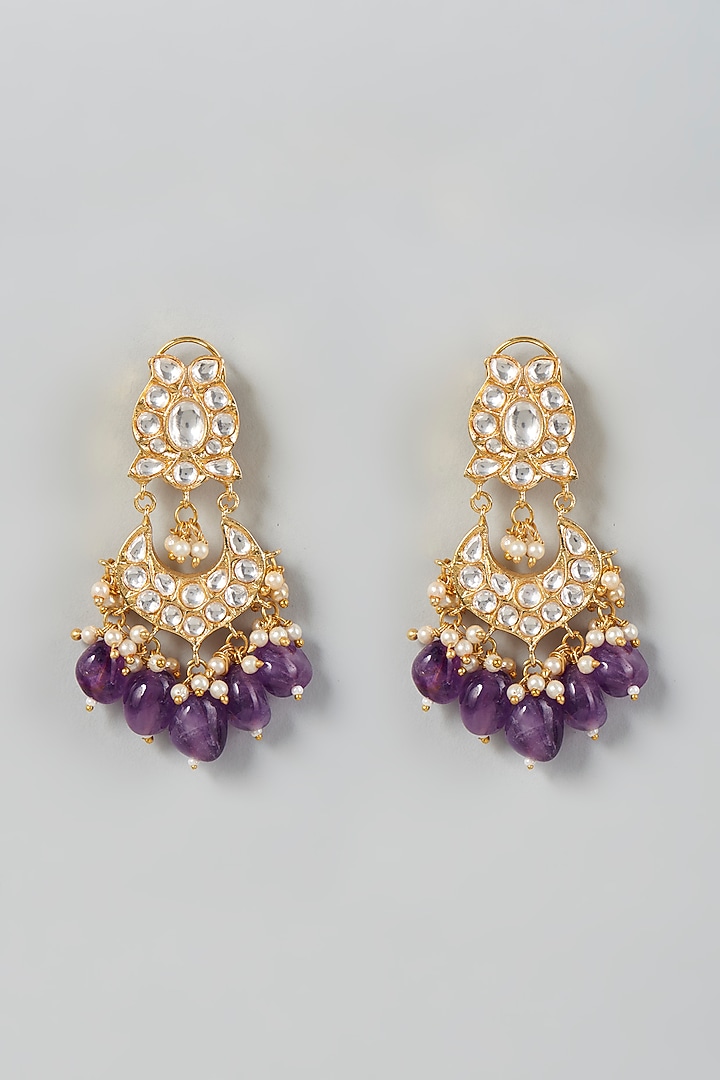 Gold Finish Kundan Polki & Purple Drop Beaded Dangler Earrings by VASTRAA Jewellery at Pernia's Pop Up Shop