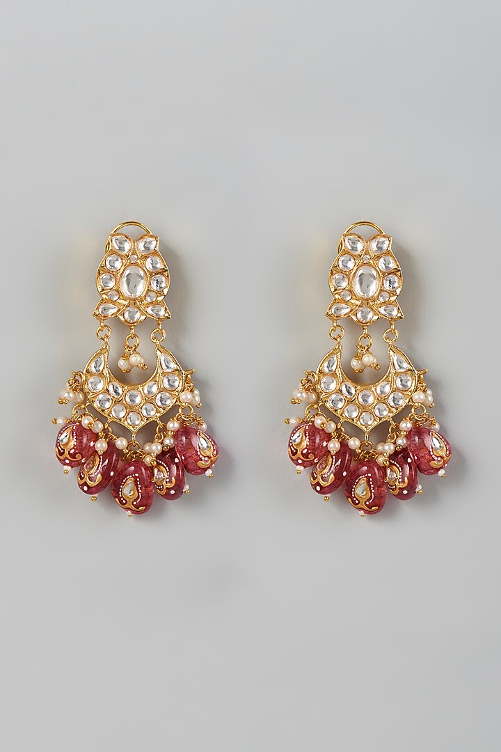 Gold Finish Kundan Polki & Pink Drop Beaded Dangler Earrings by VASTRAA Jewellery at Pernia's Pop Up Shop