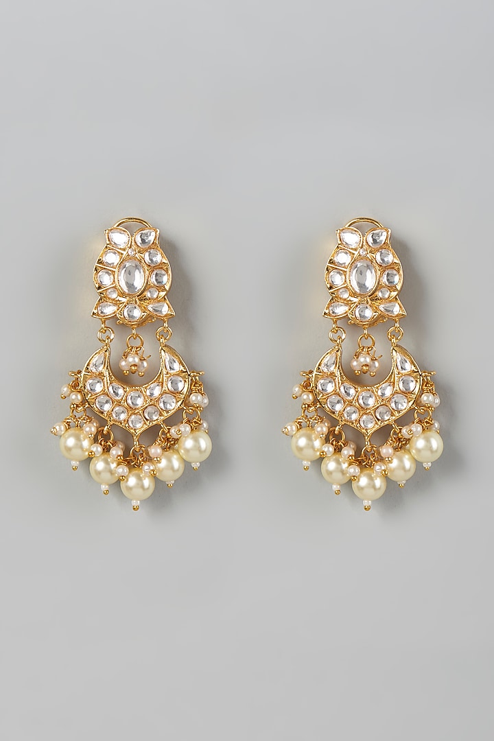 Gold Finish Kundan Polki & Pearl Dangler Earrings by VASTRAA Jewellery at Pernia's Pop Up Shop