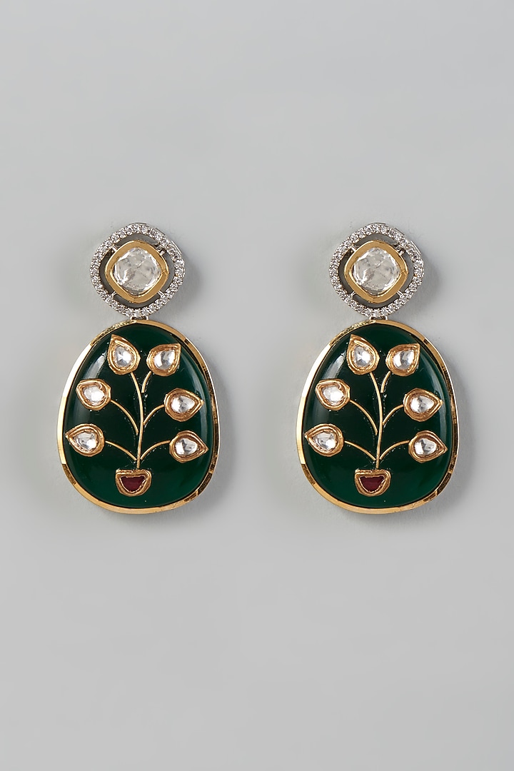 Two Tone Finish Green Stone & Kundan Polki Dangler Earrings by VASTRAA Jewellery at Pernia's Pop Up Shop