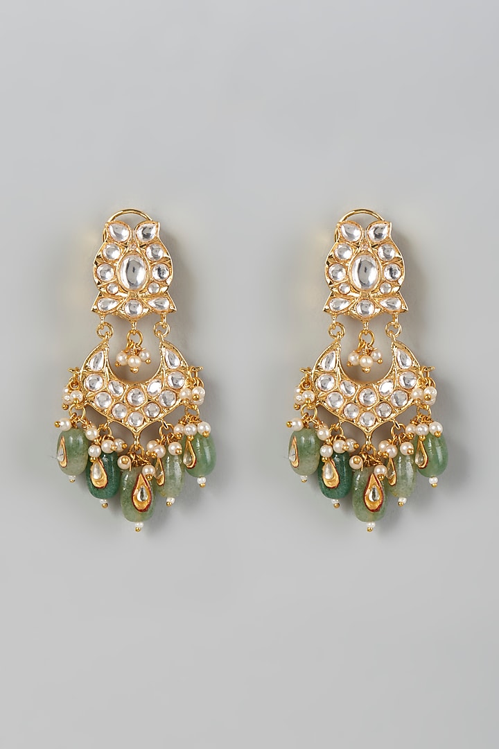 Gold Finish Kundan Polki & Green Drop Beaded Dangler Earrings by VASTRAA Jewellery at Pernia's Pop Up Shop