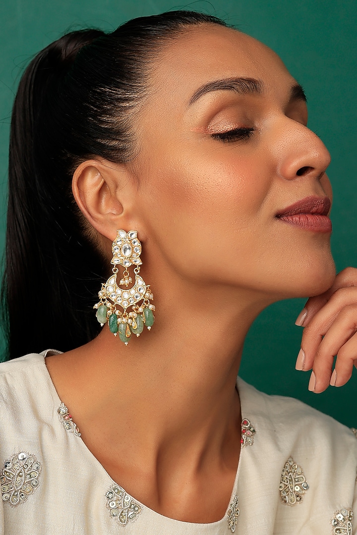 Gold Finish Kundan Polki & Green Drop Beaded Dangler Earrings by VASTRAA Jewellery at Pernia's Pop Up Shop