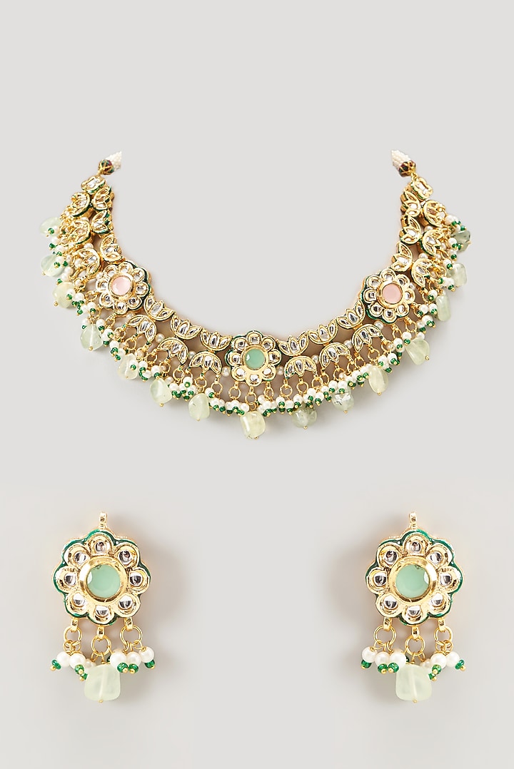 Gold Finish Kundan Polki & Multi-Colored Synthetic Stone Necklace Set by VASTRAA Jewellery at Pernia's Pop Up Shop
