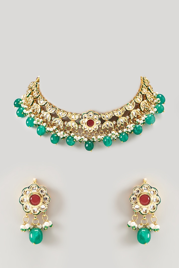 Gold Finish Kundan Polki & Red Synthetic Stone Choker Necklace Set by VASTRAA Jewellery at Pernia's Pop Up Shop