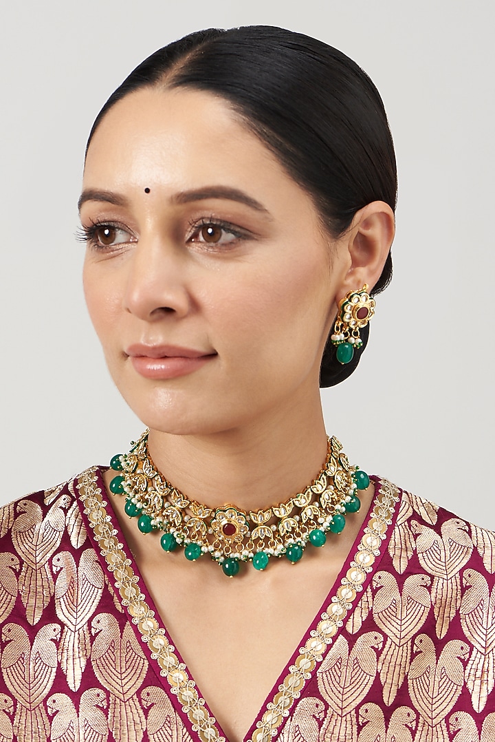 Gold Finish Kundan Polki & Red Synthetic Stone Choker Necklace Set by VASTRAA Jewellery at Pernia's Pop Up Shop