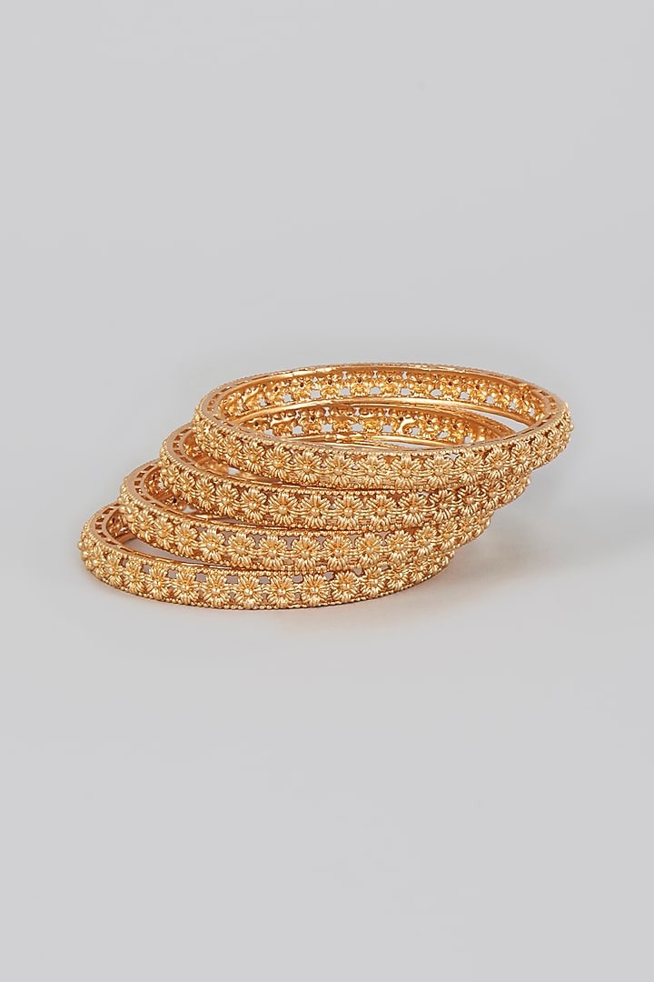 Gold Finish Temple Bangles (Set of 4) by VASTRAA Jewellery at Pernia's Pop Up Shop