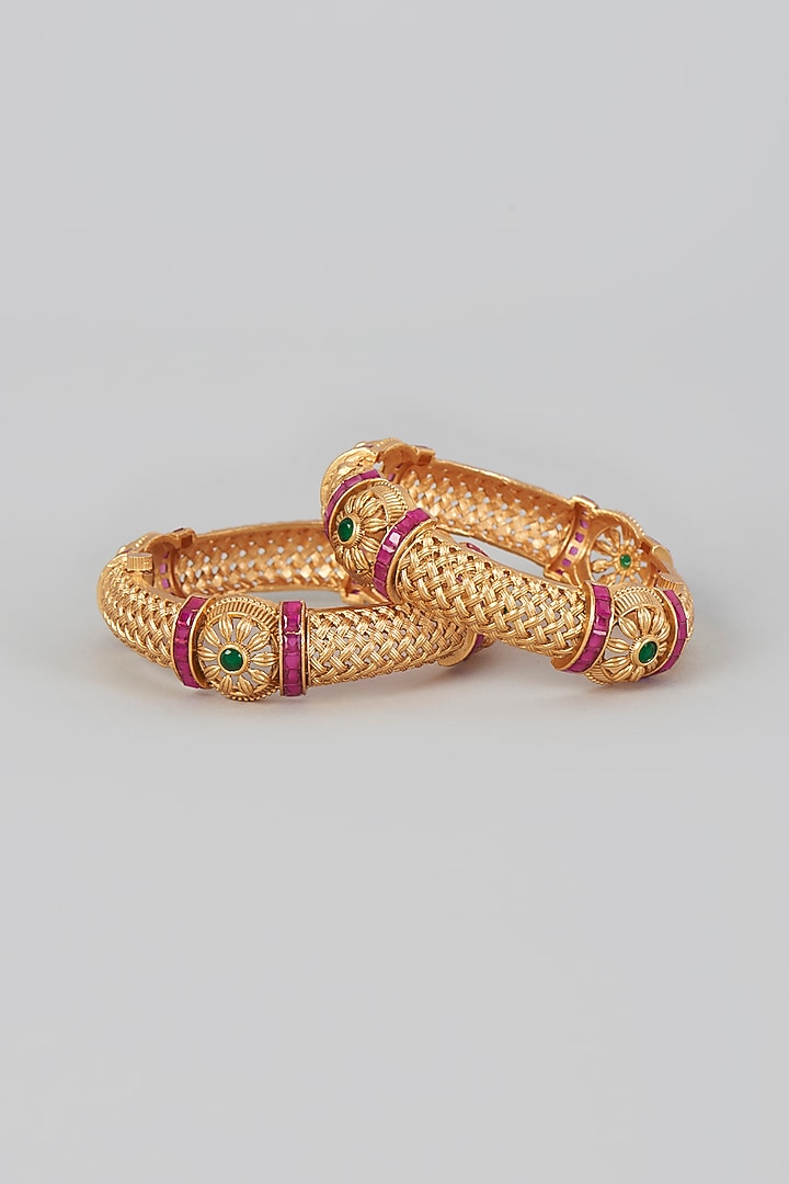 Gold Finish Ruby Synthetic Stone Temple Bangles (Set of 2) by VASTRAA Jewellery at Pernia's Pop Up Shop