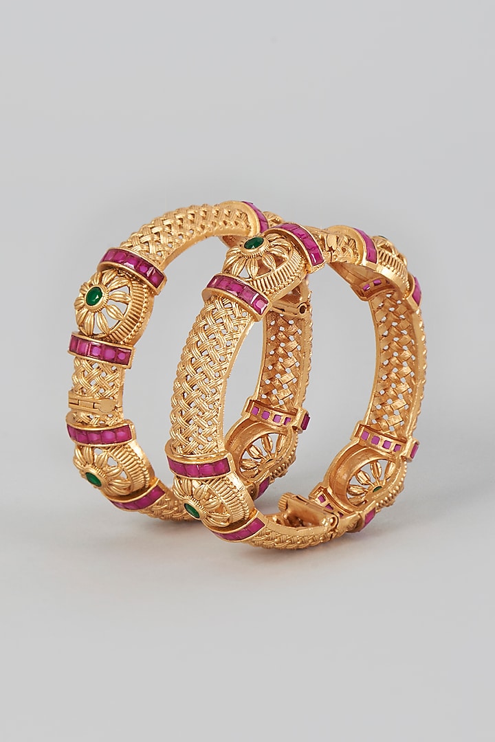 Gold Finish Ruby Synthetic Stone Temple Bangles (Set of 2) by VASTRAA Jewellery