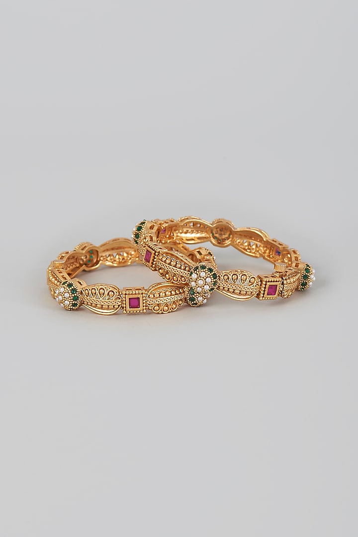 Gold Finish Ruby Synthetic Stone Temple Bangles (Set of 2) by VASTRAA Jewellery at Pernia's Pop Up Shop