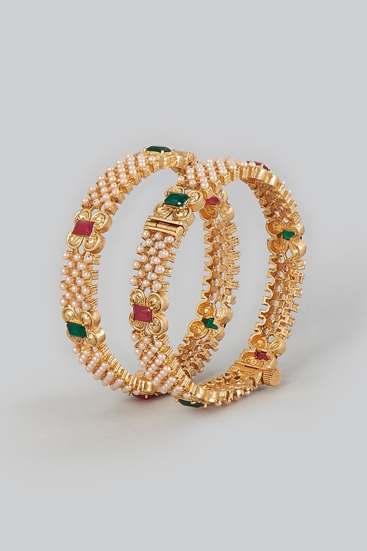 Gold Finish Red & Green Synthetic Stone Bangles (Set of 2) by VASTRAA Jewellery at Pernia's Pop Up Shop