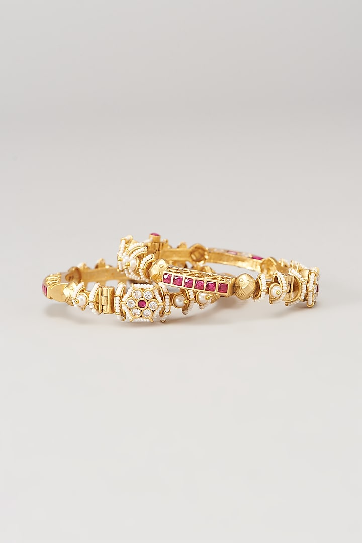 Gold Finish Kundan Polki Bangles (Set of 2) by VASTRAA Jewellery