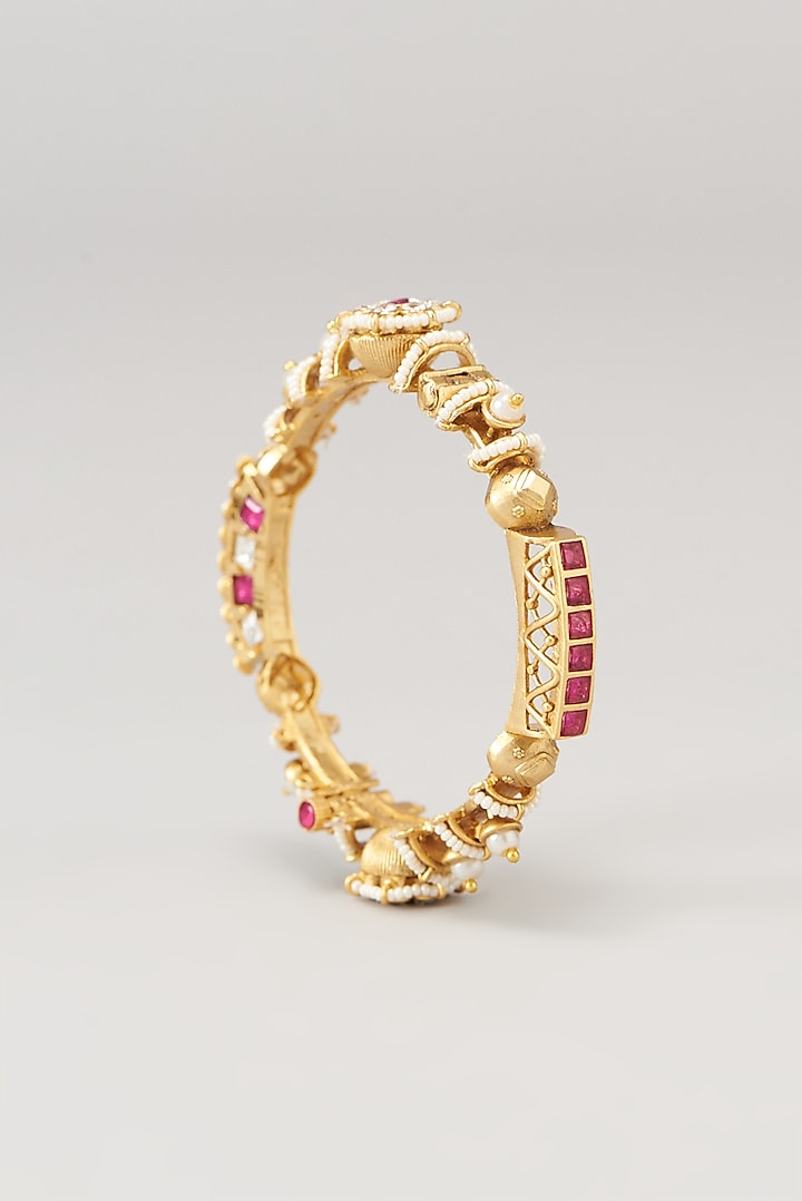 Gold Finish Kundan Polki & Red Synthetic Stone Bangles (Set of 2) by VASTRAA Jewellery at Pernia's Pop Up Shop