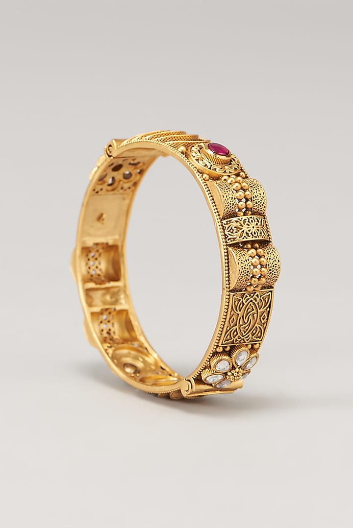 Gold Finish Red Synthetic Stone Temple Bangles (Set of 2) by VASTRAA Jewellery at Pernia's Pop Up Shop