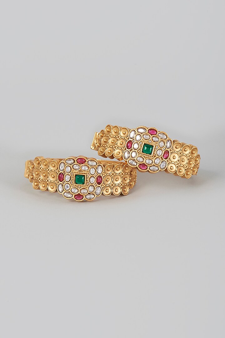 Gold Finish Kundan Polki Bangles (Set of 2) by VASTRAA Jewellery at Pernia's Pop Up Shop