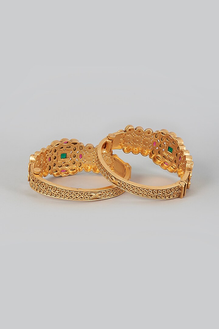 Gold Finish Kundan Polki Bangles (Set of 2) by VASTRAA Jewellery at Pernia's Pop Up Shop