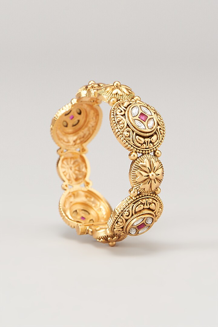 Gold Finish kundan Polki & Red Synthetic Stone Temple Bangles (Set Of 2) by VASTRAA Jewellery at Pernia's Pop Up Shop