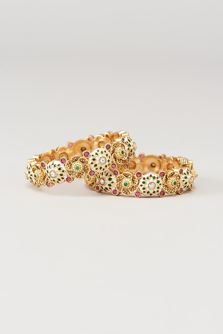 Gold Finish Kundan Polki & Red Synthetic Stone Temple Bangles (Set of 2) by VASTRAA Jewellery at Pernia's Pop Up Shop