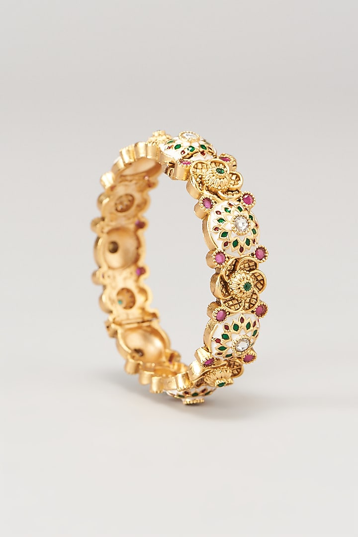 Gold Finish Kundan Polki & Red Synthetic Stone Temple Bangles (Set of 2) by VASTRAA Jewellery at Pernia's Pop Up Shop
