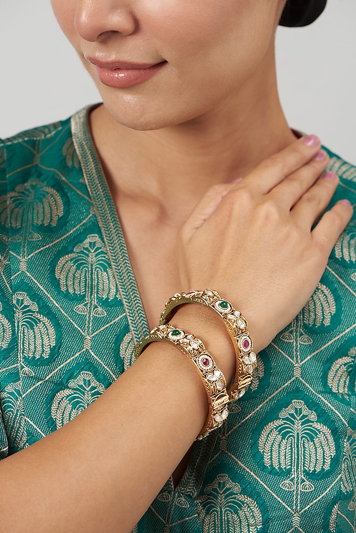 Gold Finish Kundan Polki & Synthetic Stone Bangles (Set of 2) by VASTRAA Jewellery