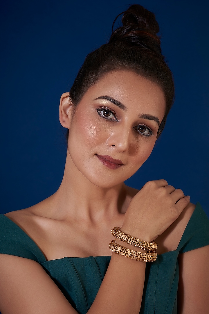 Gold Finish Temple Bangles (Set of 2) by VASTRAA Jewellery at Pernia's Pop Up Shop