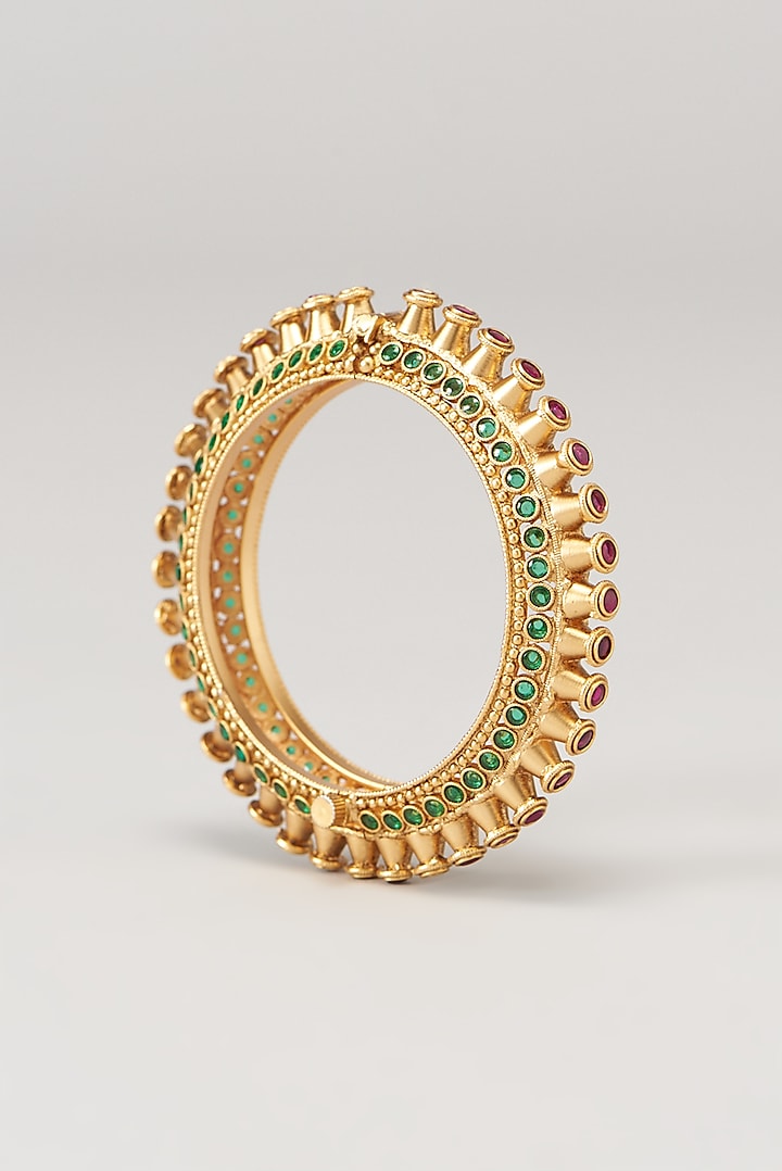Gold Finish Red & Green Synthetic Stone Temple Bangles (Set of 2) by VASTRAA Jewellery at Pernia's Pop Up Shop