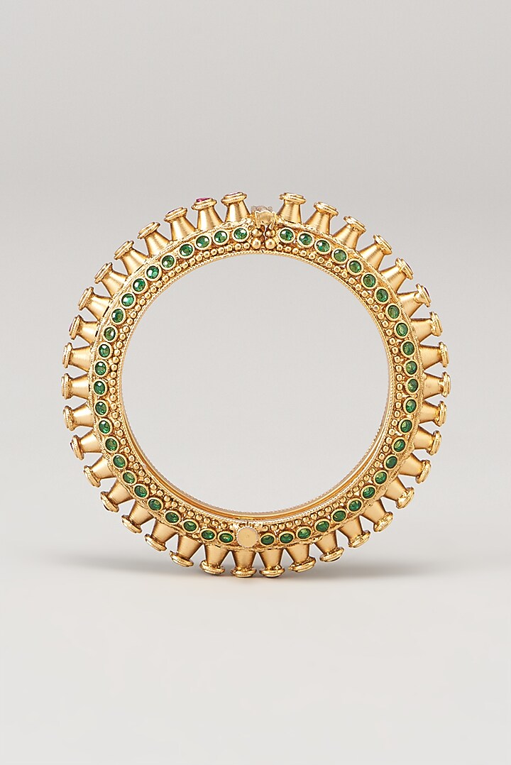 Gold Finish Red & Green Synthetic Stone Temple Bangles (Set of 2) by VASTRAA Jewellery at Pernia's Pop Up Shop