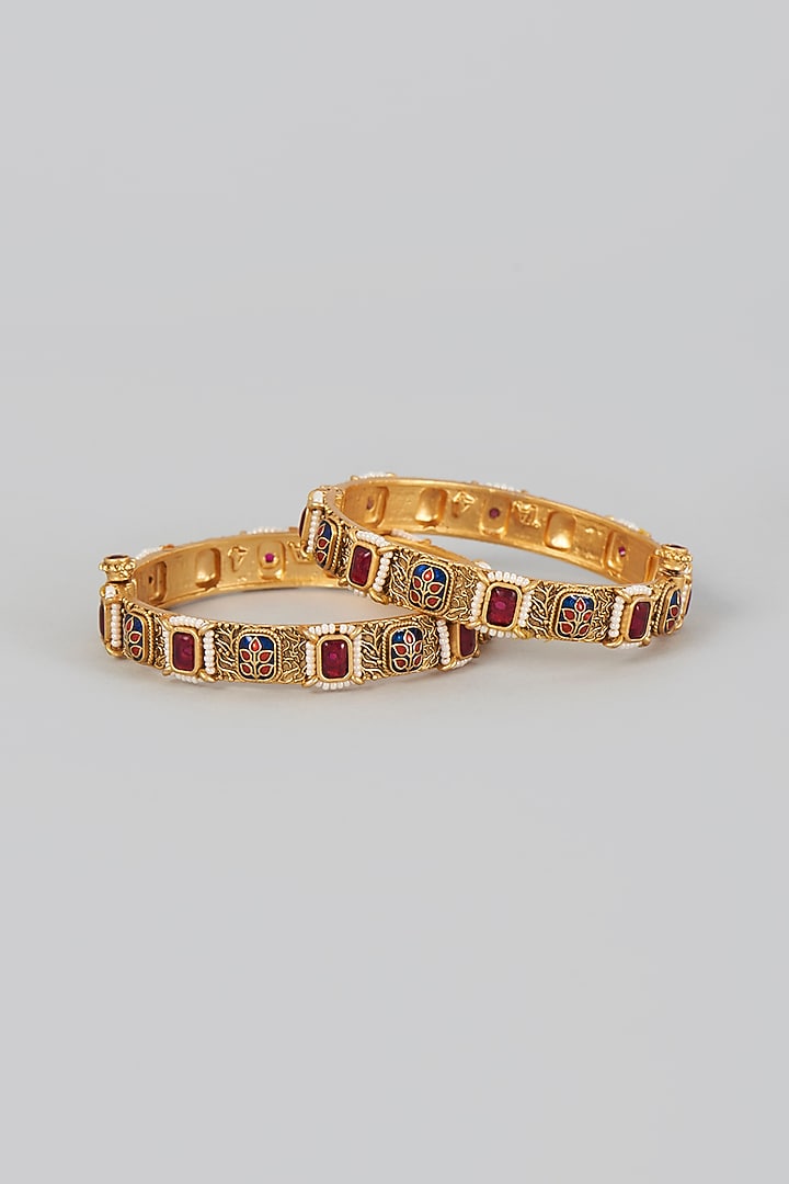 Gold Finish Red Stone Temple Bangles (Set of 2) by VASTRAA Jewellery at Pernia's Pop Up Shop