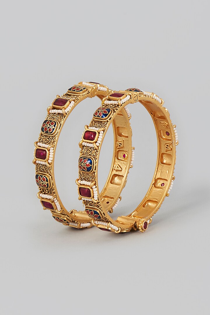 Gold Finish Red Stone Temple Bangles (Set of 2) by VASTRAA Jewellery at Pernia's Pop Up Shop