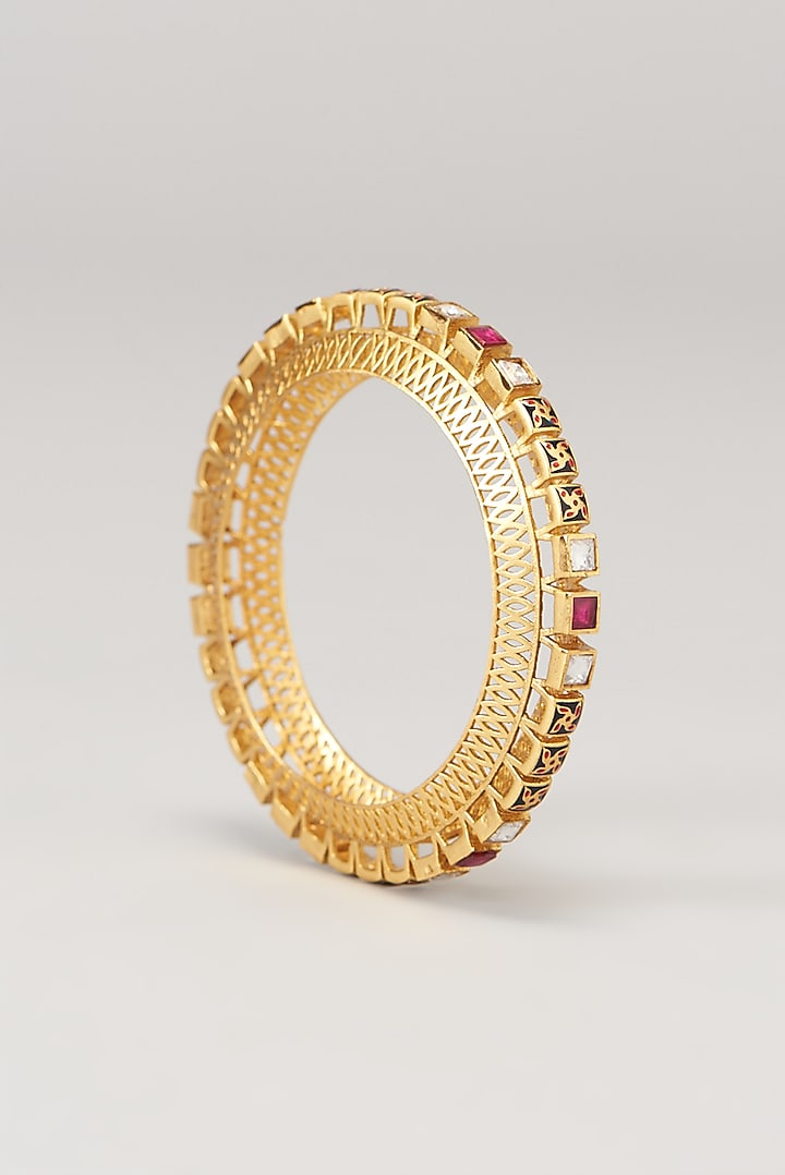 Gold Finish Kundan Polki & Red Synthetic Stone Bangles (Set Of 2) by VASTRAA Jewellery at Pernia's Pop Up Shop