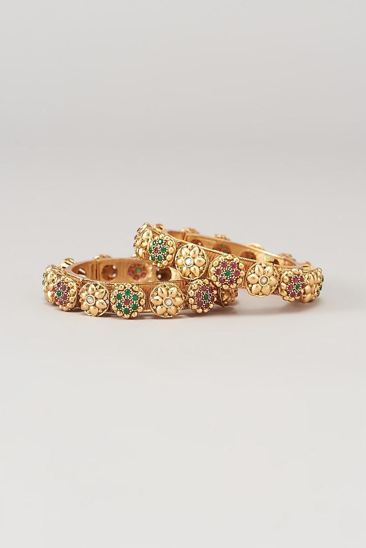 Gold Finish Kundan Polki & Synthetic Stone Temple Bangles (Set of 2) by VASTRAA Jewellery at Pernia's Pop Up Shop