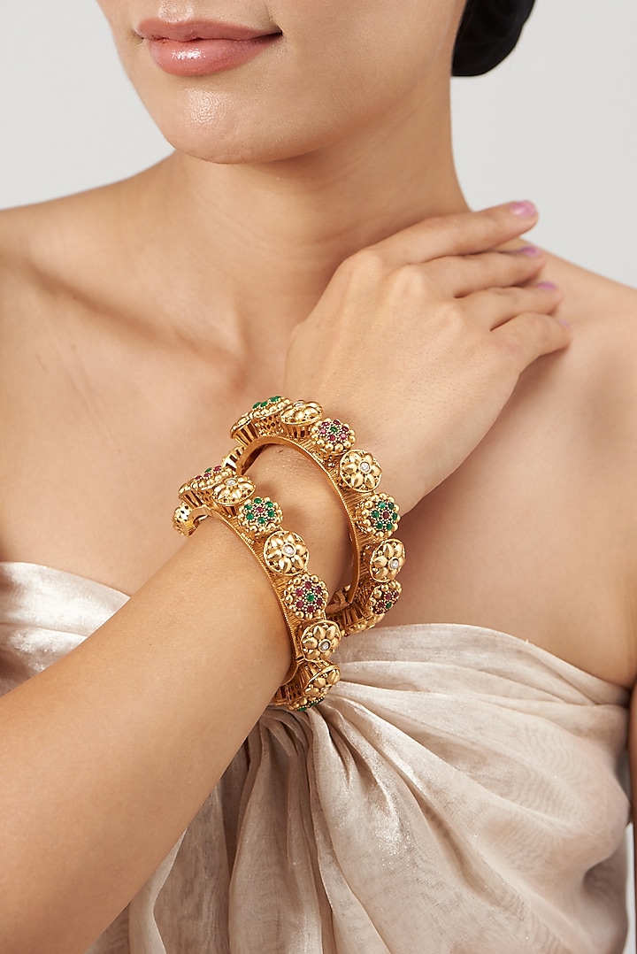 Gold Finish Kundan Polki & Synthetic Stone Temple Bangles (Set of 2) by VASTRAA Jewellery