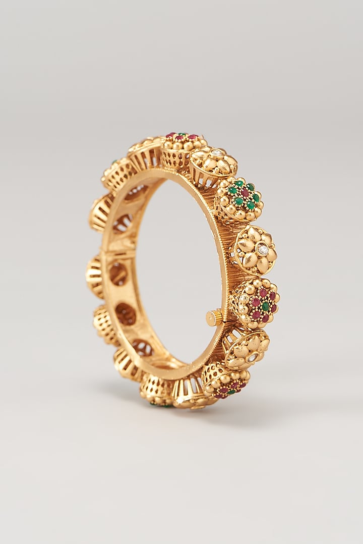 Gold Finish Kundan Polki & Synthetic Stone Temple Bangles (Set of 2) by VASTRAA Jewellery at Pernia's Pop Up Shop