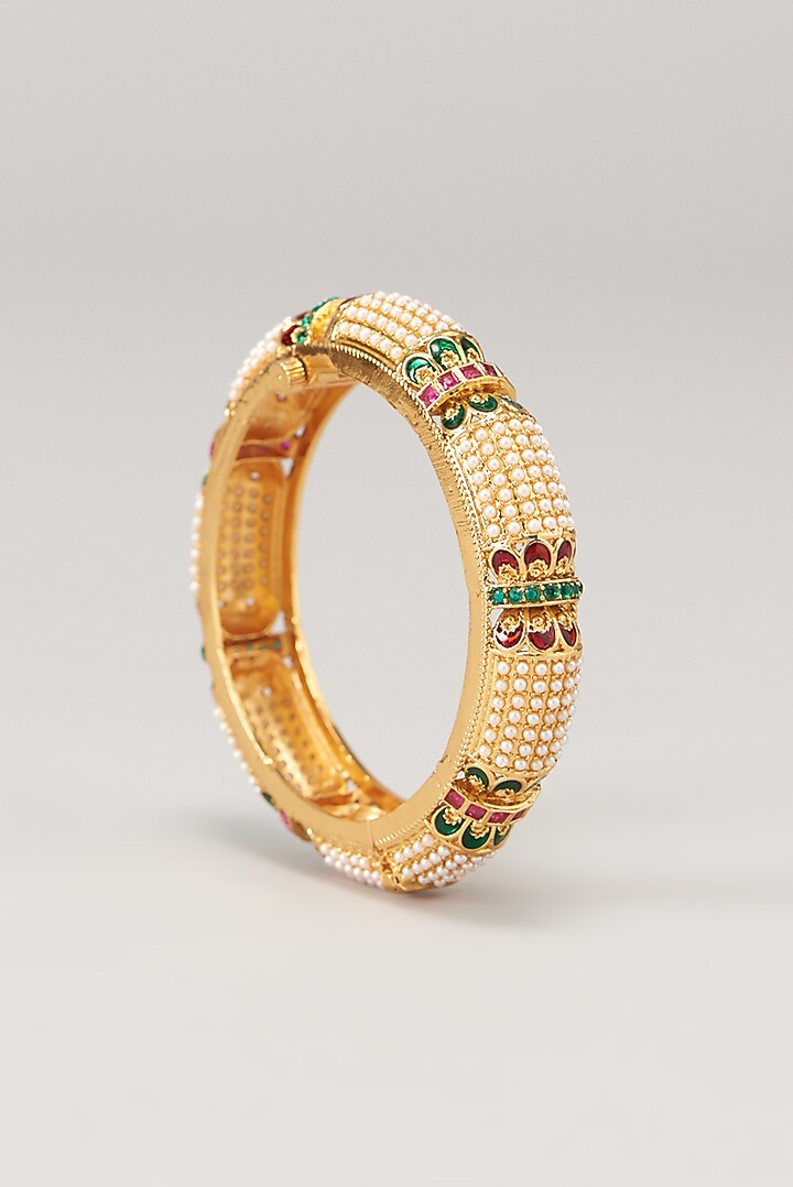 Gold Finish Pearl & Multi-Colored Stone Temple Bangles (Set of 2) by VASTRAA Jewellery at Pernia's Pop Up Shop