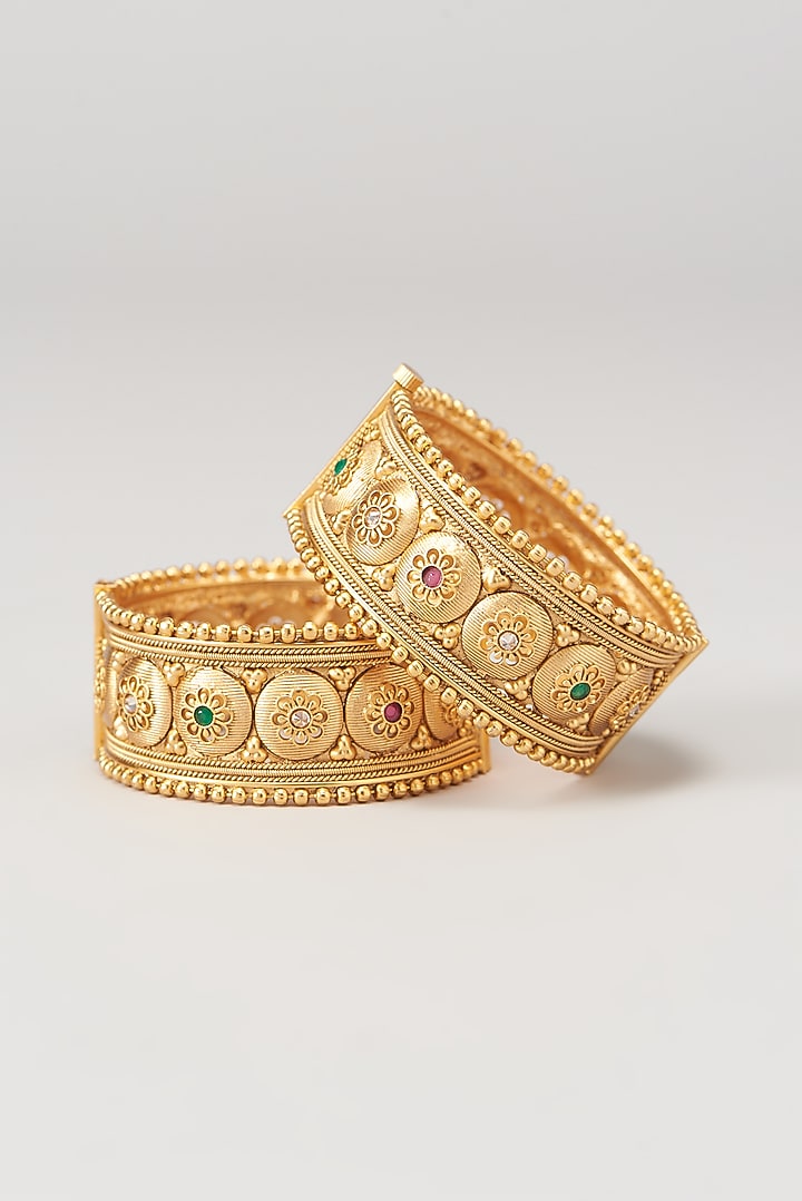 Gold Finish Multi-Colored Stone Temple Bangles (Set of 2) by VASTRAA Jewellery at Pernia's Pop Up Shop