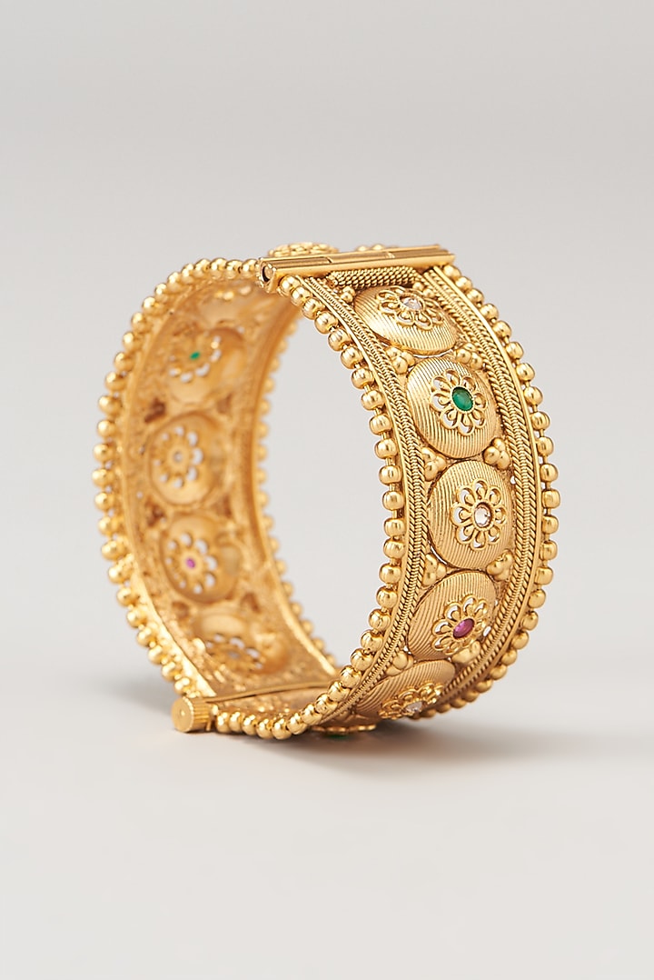 Gold Finish Multi-Colored Stone Temple Bangles (Set of 2) by VASTRAA Jewellery at Pernia's Pop Up Shop