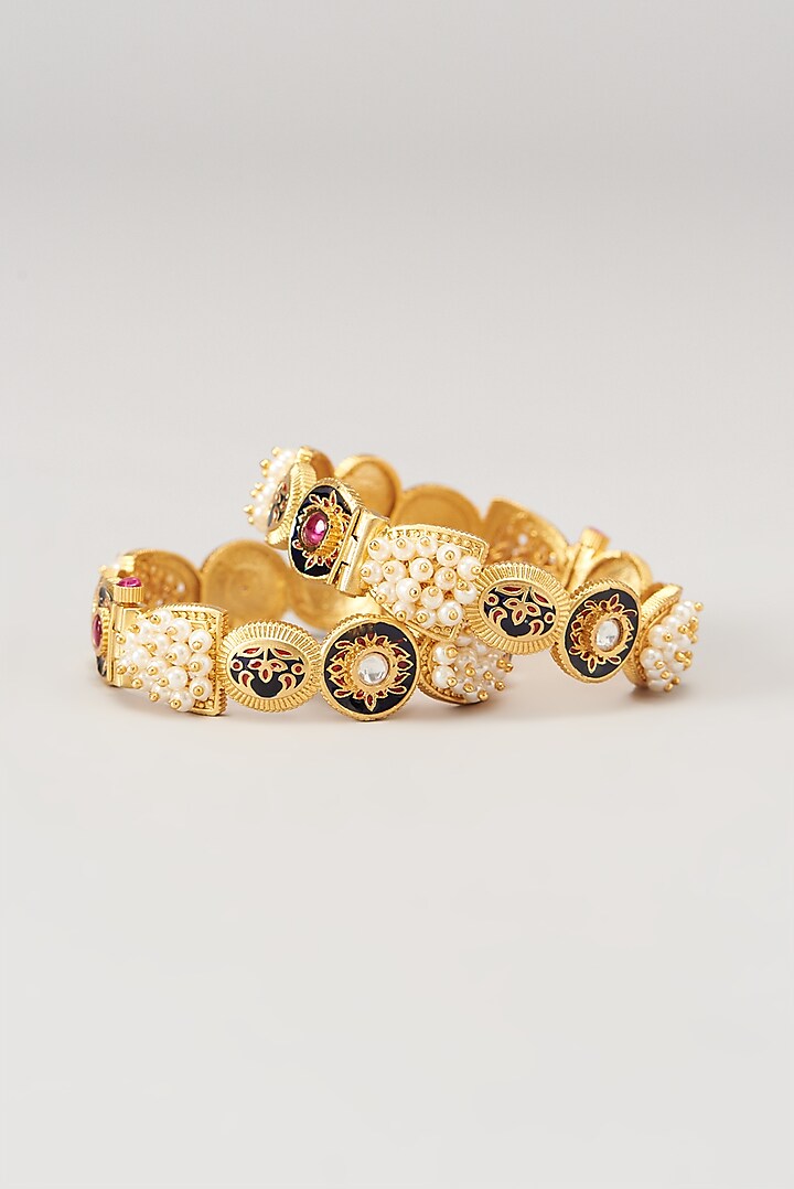 Gold Finish Pearls Enameled Bangles (Set of 2) by VASTRAA Jewellery